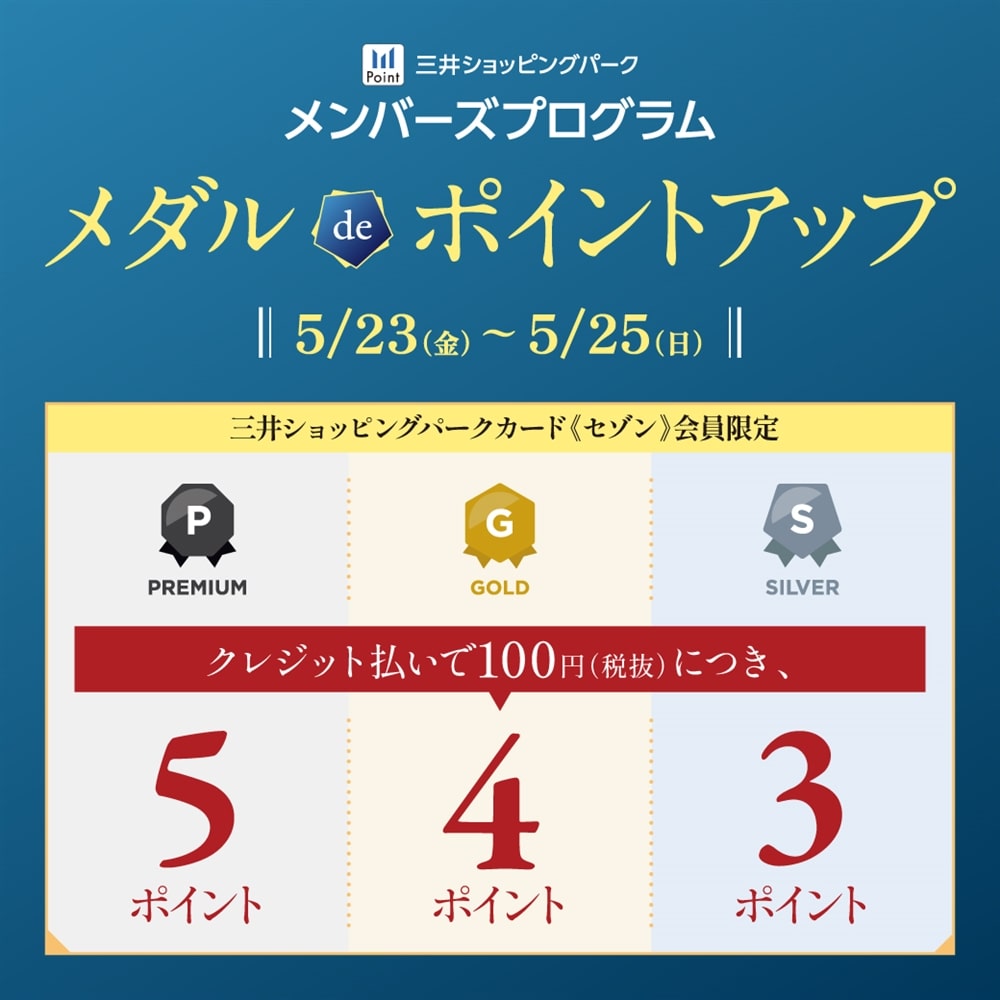 【ららぽーと磐田店】2025年5月23日(金)～5月25日(日)の期間、「三井ショッピングパークカード《セゾン》会員様限定！メダルdeポイントアップ」を開催！